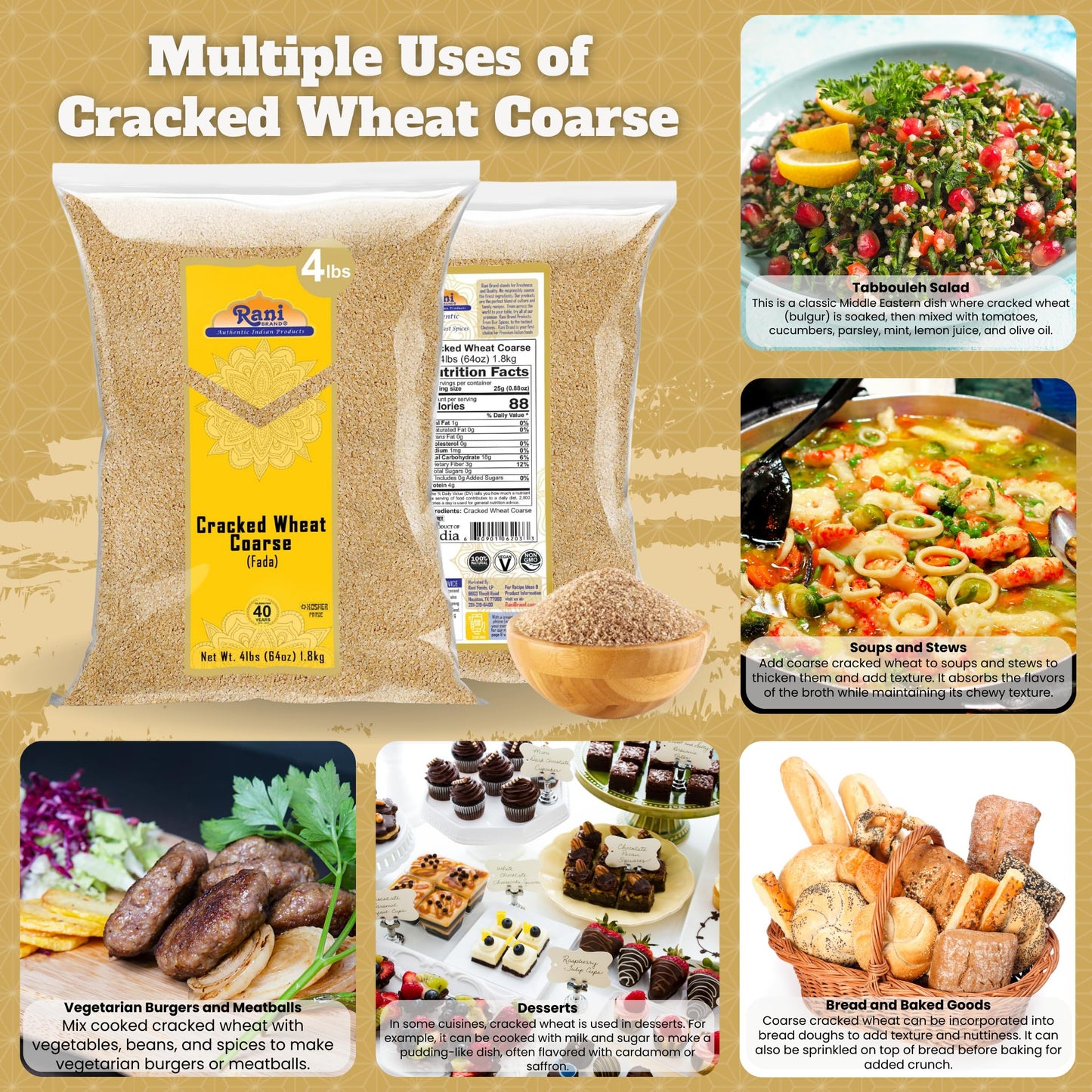 Rani Cracked Wheat Coarse (Fada/Bulgur Wheat#3) 64oz (4lbs) 1.81kg Bulk ~ All Natural | Vegan | Gluten Friendly | NON-GMO | Kosher | Indian Origin