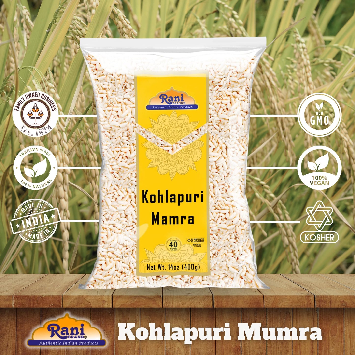Rani Kohlapuri Mumra (Puffed Rice) 14oz (400g) ~ All Natural | No Color | Gluten Friendly | Vegan | NON-GMO | Kosher | No Salt or fillers | Indian Origin