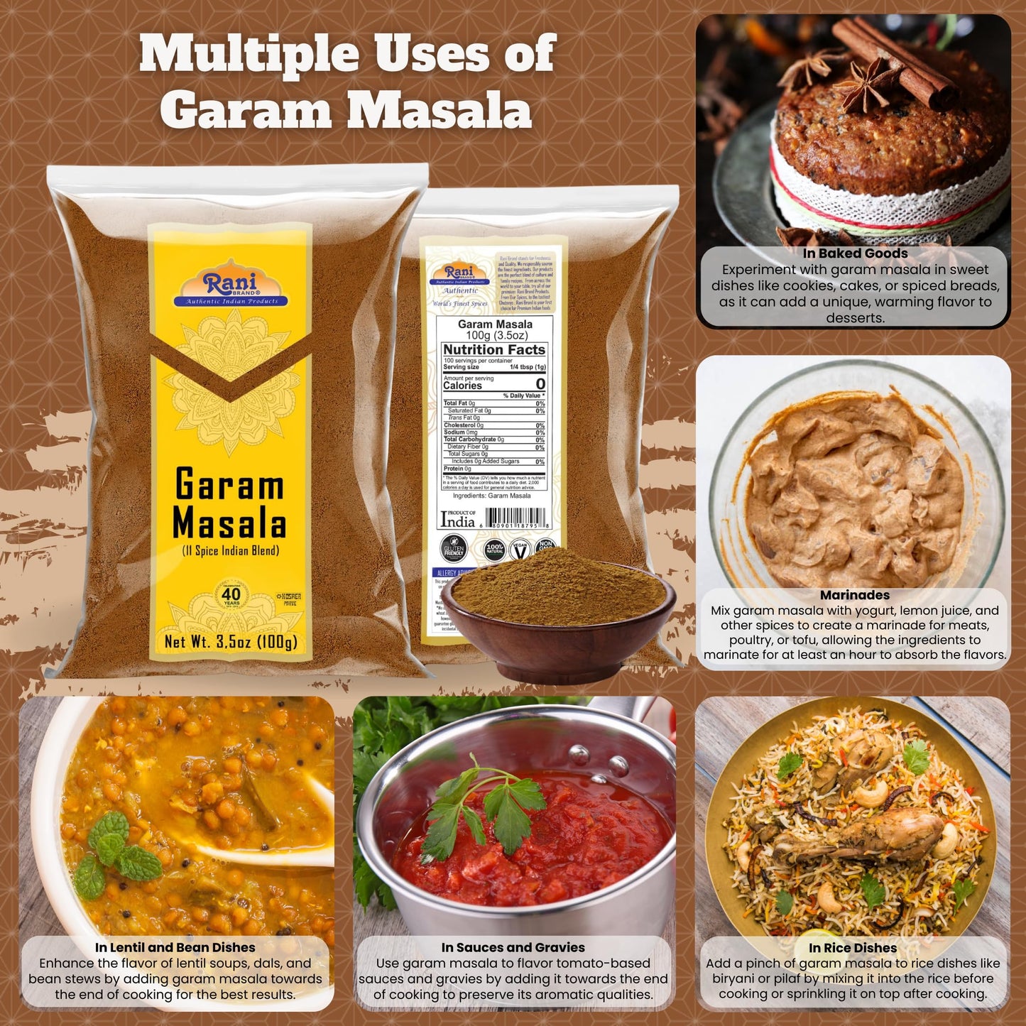 Rani Garam Masala Indian 11-Spice Blend 3.5oz (100g) ~ All Natural, Salt-Free | Vegan | No Colors | Gluten Friendly | NON-GMO | Kosher | Indian Origin