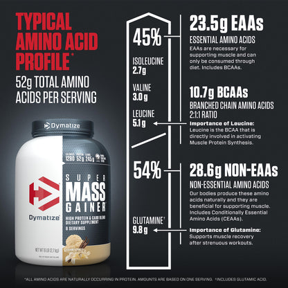 Dymatize Super Mass Gainer Protein Powder, Gourmet Vanilla, 52g Protein, 1g Creatine, 1280 Calories, 10.7g BCAAs, 245g Carbs, Contains Whey Protein Powder, Isolate, and Casein (8 Servings)
