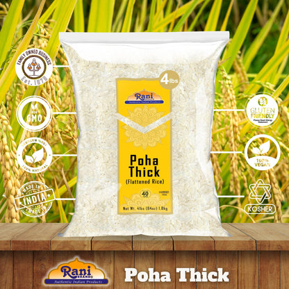 Rani Poha (Powa) Thick Medium-Cut (Flattened Rice) 64oz (4lbs) 1.81kg ~ All Natural, Salt-Free | Vegan | Kosher | No Colors | Gluten Friendly | Indian Origin