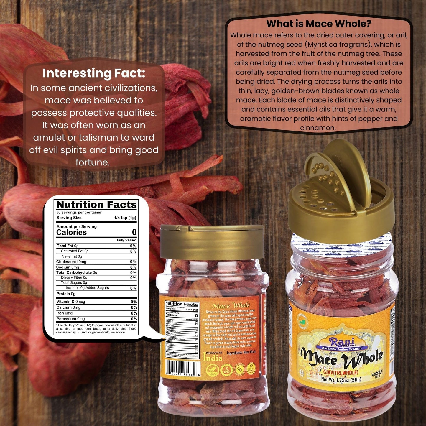 Rani Mace Whole (Javathri), Spice 1.75oz (50g) PET Jar ~ All Natural | Vegan | Gluten Friendly | NON-GMO | Kosher | Indian Origin