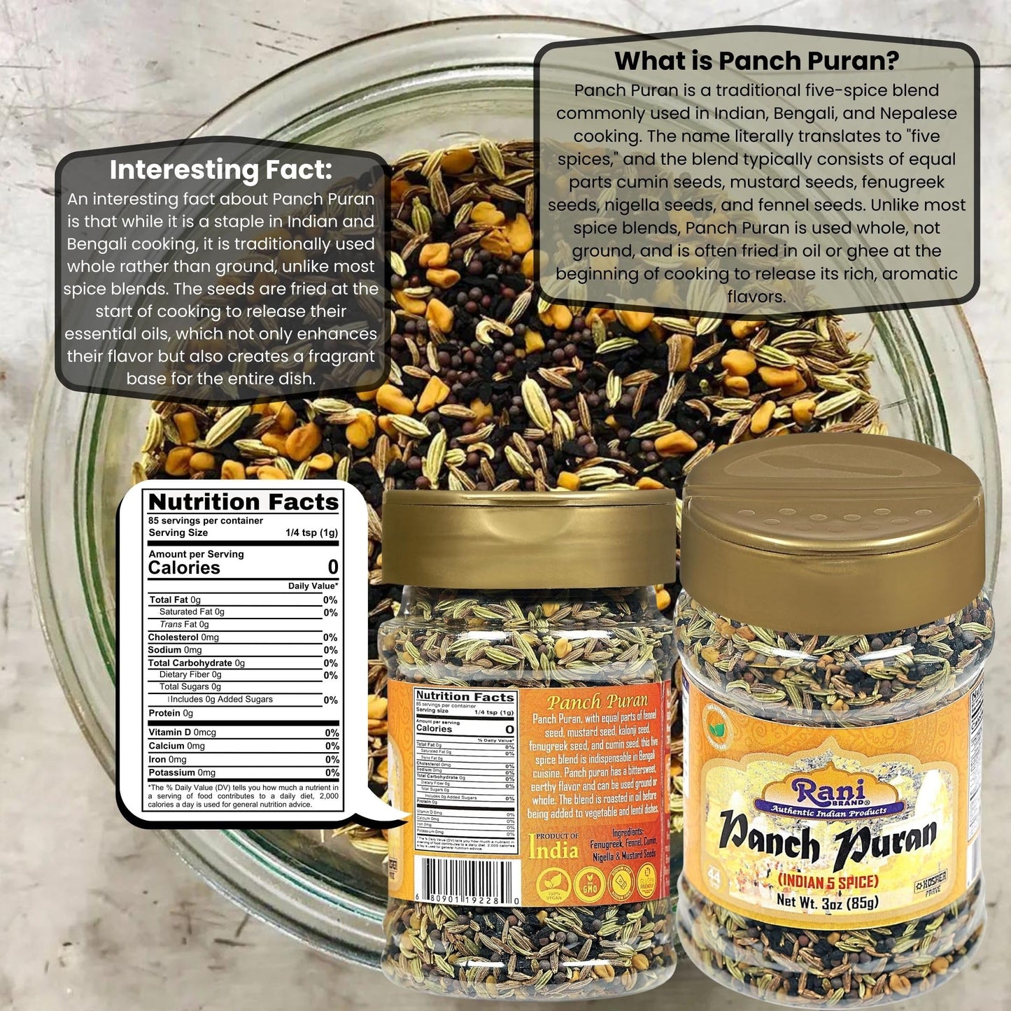 Rani Panch Puran (5 Spice) 3oz (85g) PET Jar ~ All Natural | Vegan | Gluten Friendly | NON-GMO | Kosher | Indian Origin (Equal Blend of Fenugreek, Mustard, Kallonji, Fennel and Cumin)