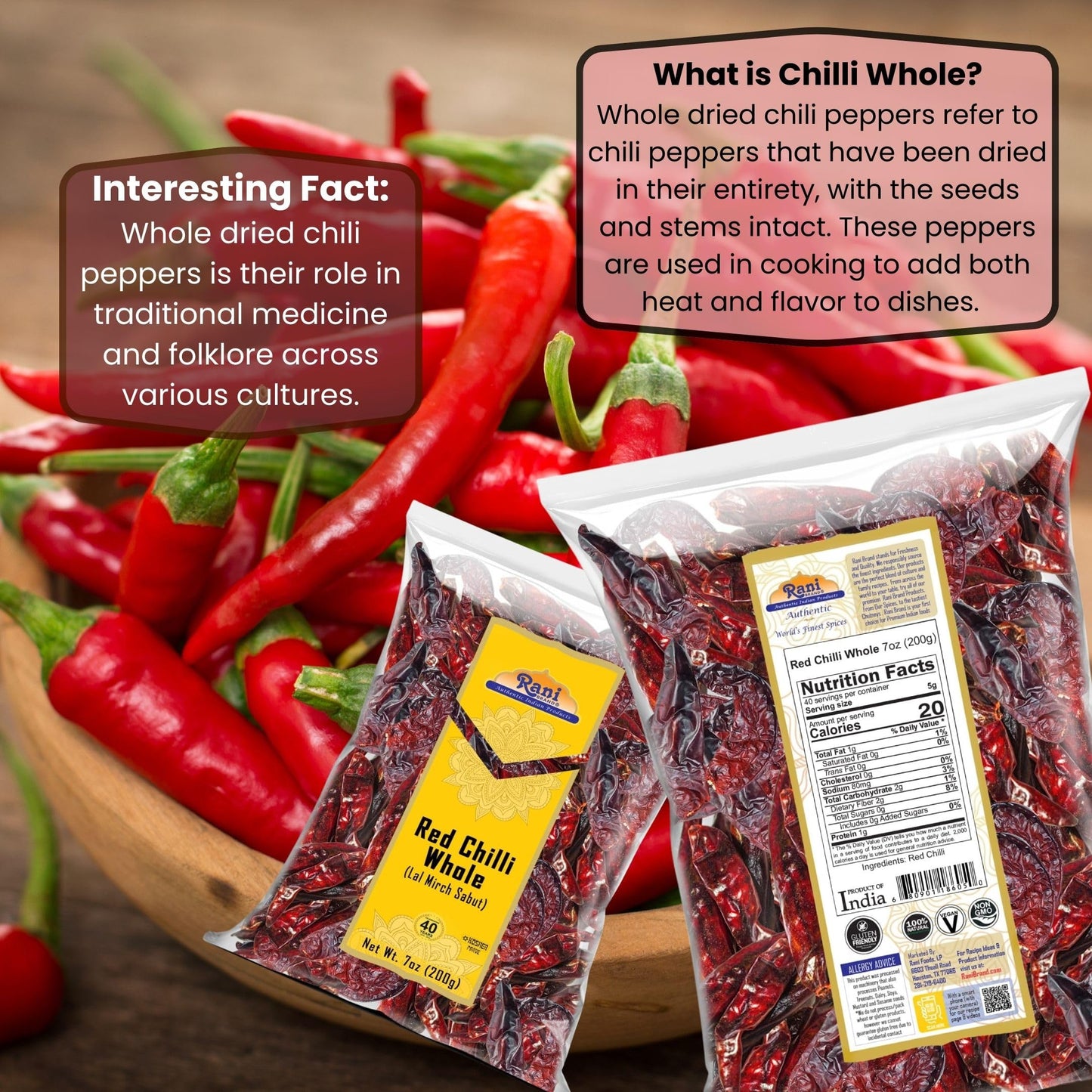 Rani Chilli Whole (Lal Mirch Sabut) 7oz (200g) ~ All Natural | Vegan | No Colors | Gluten Friendly | NON-GMO | Kosher