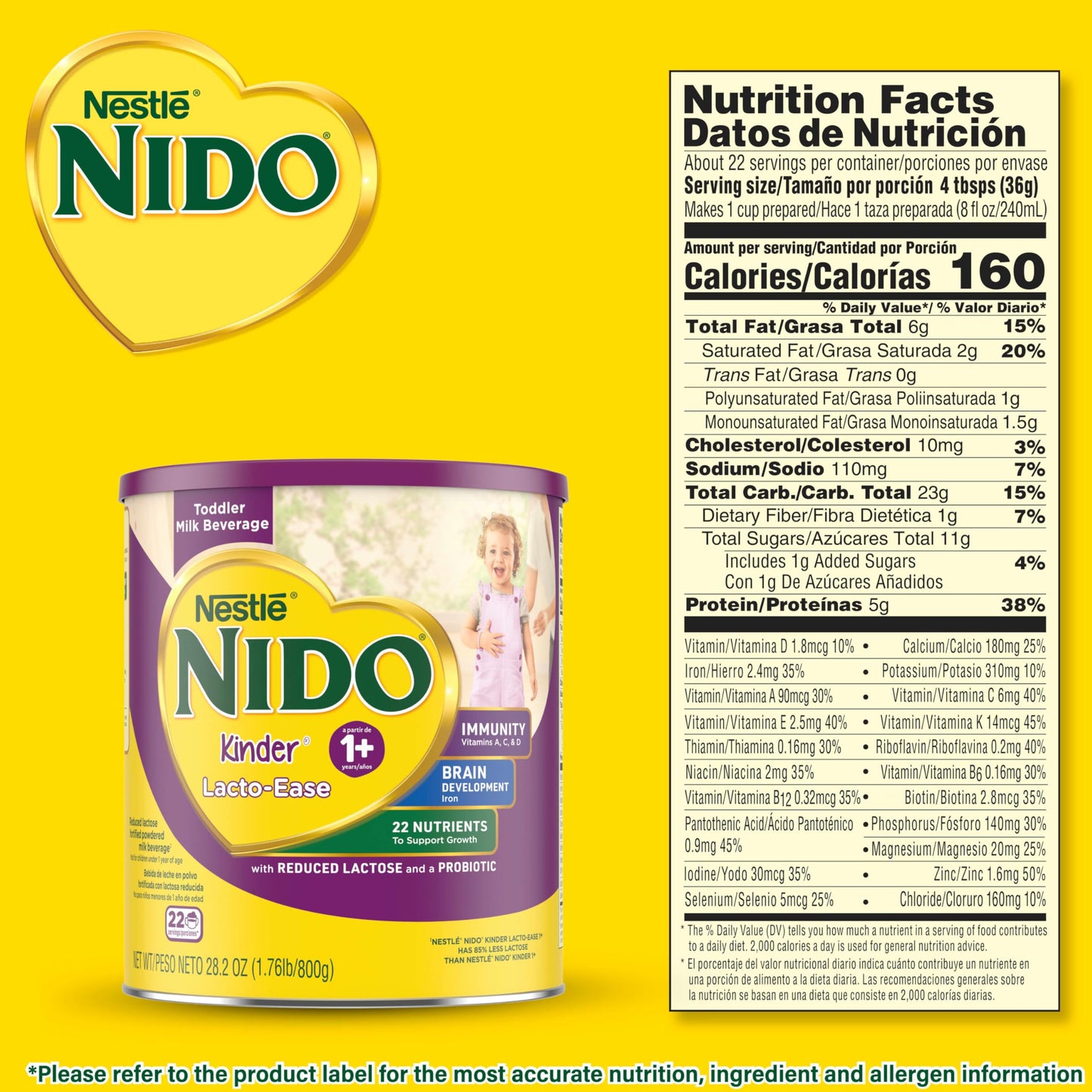 Nestlé NIDO Lacto-Ease Toddler Milk Beverage Powder Mix, Reduced Lactose, Toddler Nutritional Drink, Powdered Milk for Toddlers, 22 Servings per Container, 28.2 OZ, Pack of 1