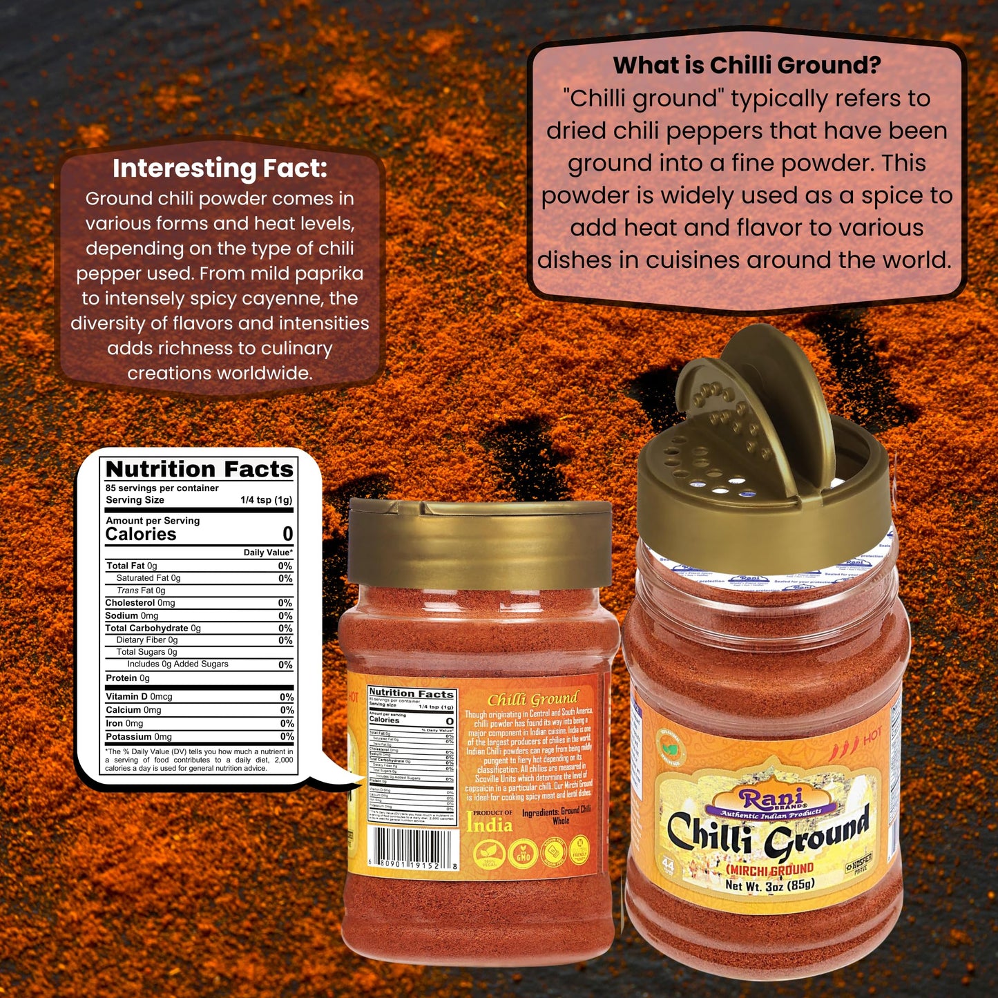 Rani Chilli Powder (Mirchi) Ground Indian Spice 3oz (85g) PET Jar ~ All Natural | Salt-Free | Vegan | No Colors | Gluten Friendly | NON-GMO | Kosher | Indian Origin