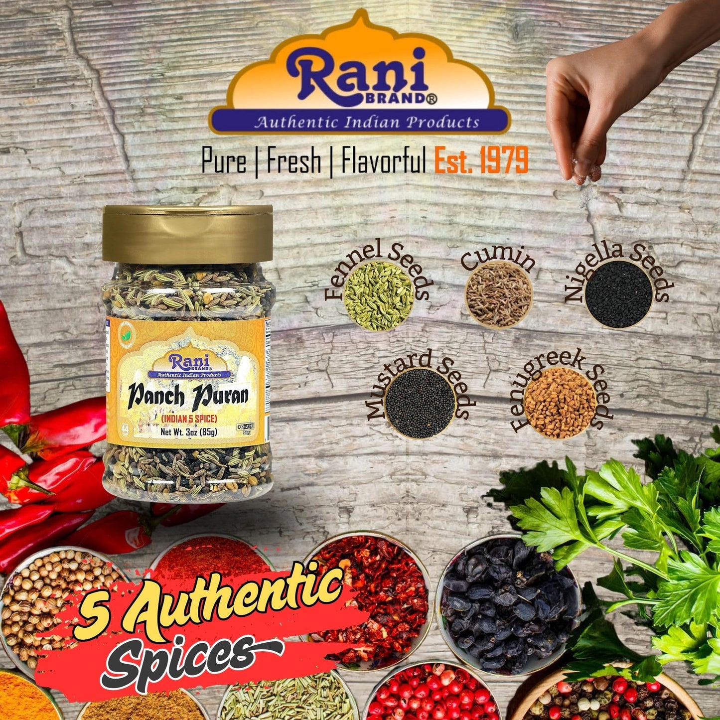 Rani Panch Puran (5 Spice) 3oz (85g) PET Jar ~ All Natural | Vegan | Gluten Friendly | NON-GMO | Kosher | Indian Origin (Equal Blend of Fenugreek, Mustard, Kallonji, Fennel and Cumin)