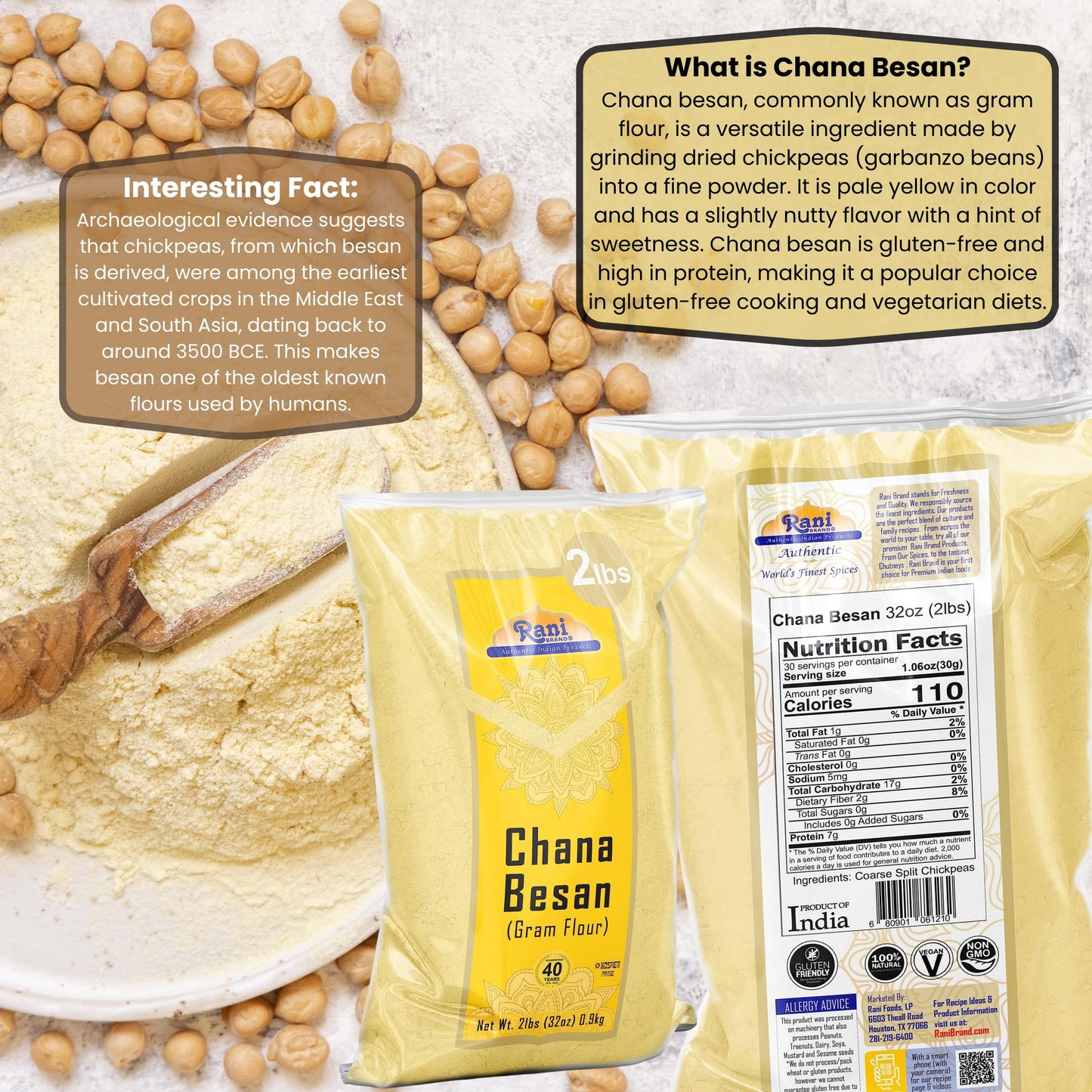 Rani Chana Besan (Chickpeas Flour, Gram) 32oz (2lbs) 908g ~ All Natural | Vegan | Gluten Friendly | NON-GMO | Kosher | Indian Origin