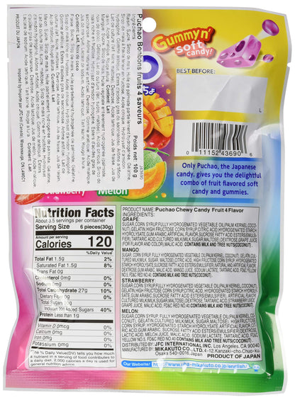 UHA Mikakuto Puchao Soft Candy with Gummy Bits, 4 Fruit Flavors, 3.53 oz