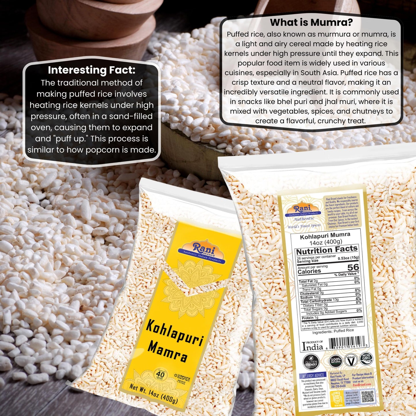 Rani Kohlapuri Mumra (Puffed Rice) 14oz (400g) ~ All Natural | No Color | Gluten Friendly | Vegan | NON-GMO | Kosher | No Salt or fillers | Indian Origin