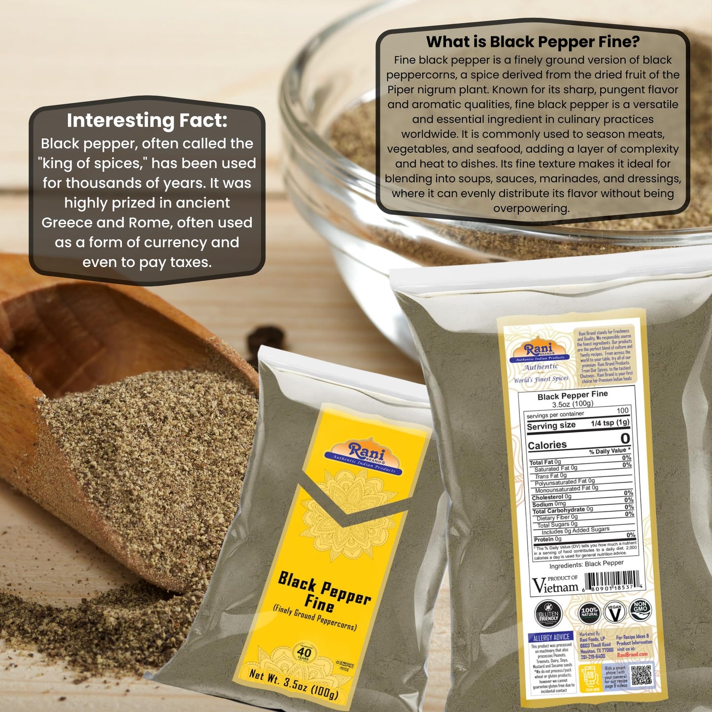 Rani Black Pepper Fine Powder 80 Mesh 3.5oz (100g) ~ All Natural | Vegan | Gluten Friendly | NON-GMO | Kosher | Product of Vietnam