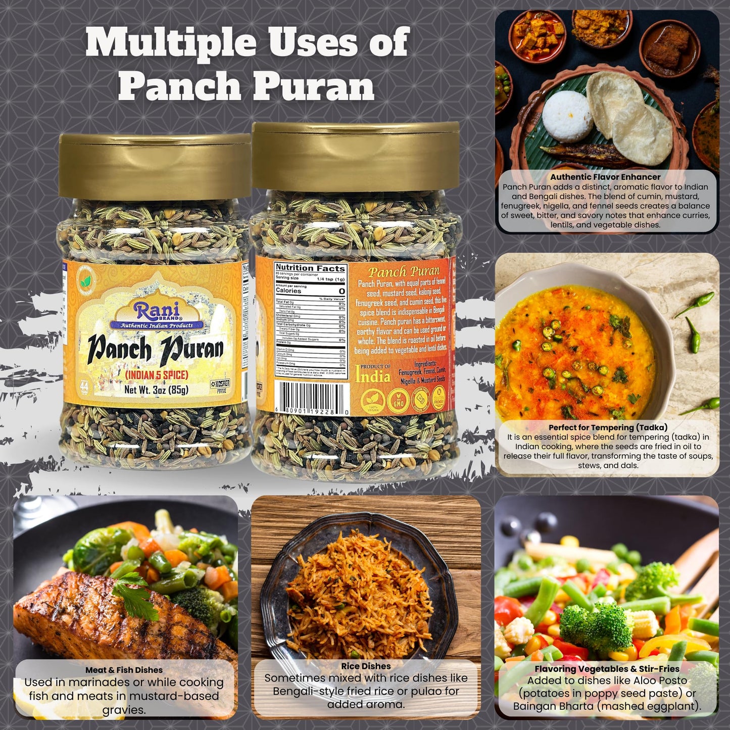 Rani Panch Puran (5 Spice) 3oz (85g) PET Jar ~ All Natural | Vegan | Gluten Friendly | NON-GMO | Kosher | Indian Origin (Equal Blend of Fenugreek, Mustard, Kallonji, Fennel and Cumin)
