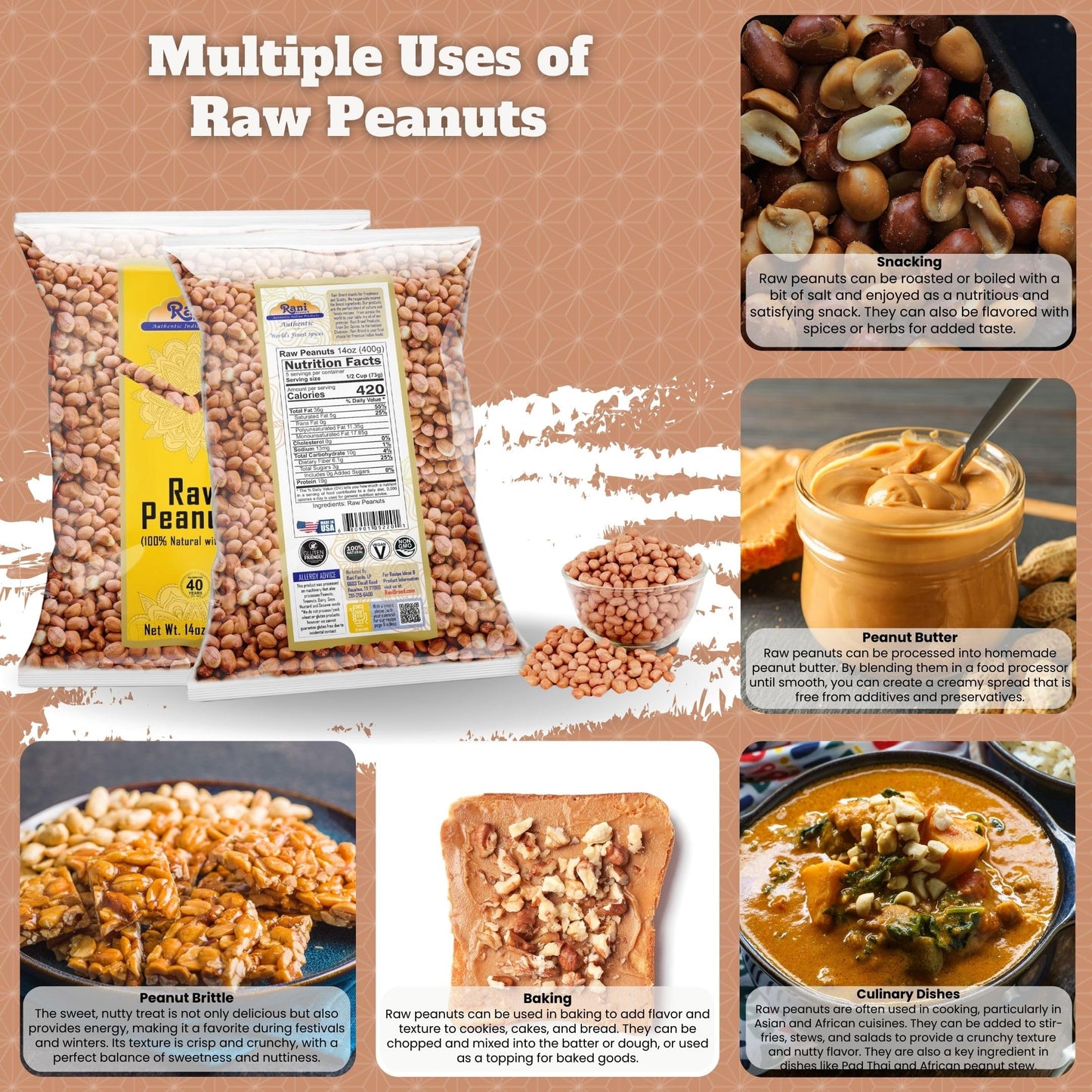 Rani Peanuts, Raw Whole With Skin (uncooked, unsalted) 14oz (400g) ~ All Natural | Vegan | Kosher | Gluten Friendly | Fresh Product of USA ~ Spanish Grade Groundnut/Red-skin