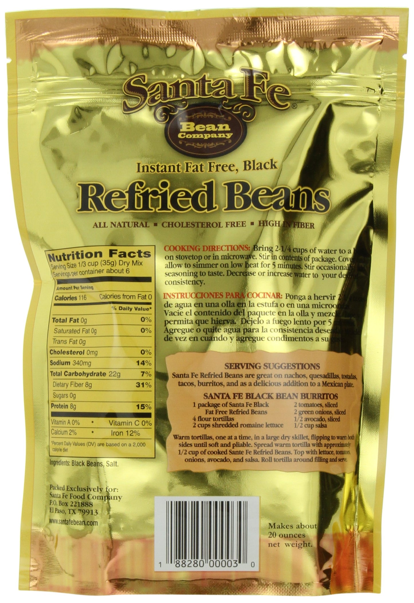 Santa Fe Bean Company Instant Fat Free Black Refried Beans 7.25-Ounce (Pack of 8) Instant Black Bean Refried Beans; All Natural; High in Fiber; Fat Free; Gluten-Free
