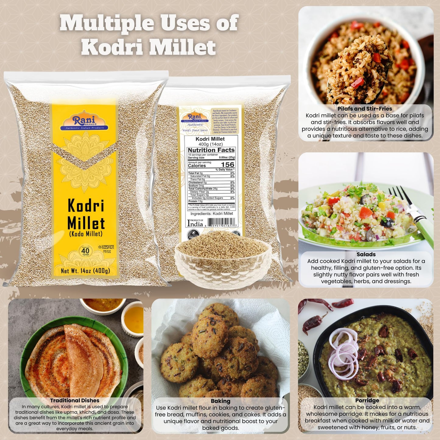 Rani Kodri (Polished Kodo Millet Seeds) Ancient Grains 400g (14oz) ~ All Natural | Gluten Friendly | NON-GMO | Kosher | Vegan | Indian Origin (Varagu/Kodra/Harka)