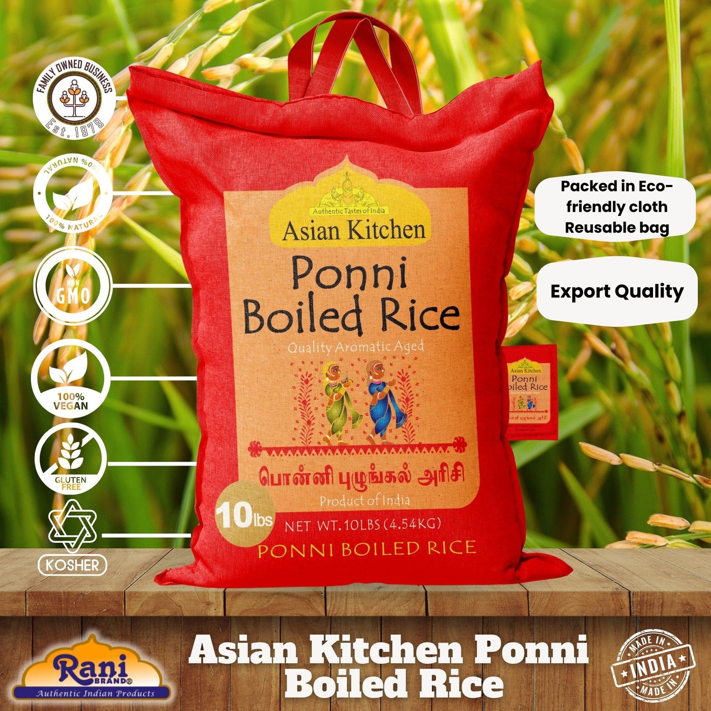 Asian Kitchen Ponni Boiled Rice 10-Pound Bag, 10lbs (4.54kg) Short Grain Par Boiled Rice ~ All Natural | Gluten Friendly | Vegan | Kosher | Indian Origin | Export Quality