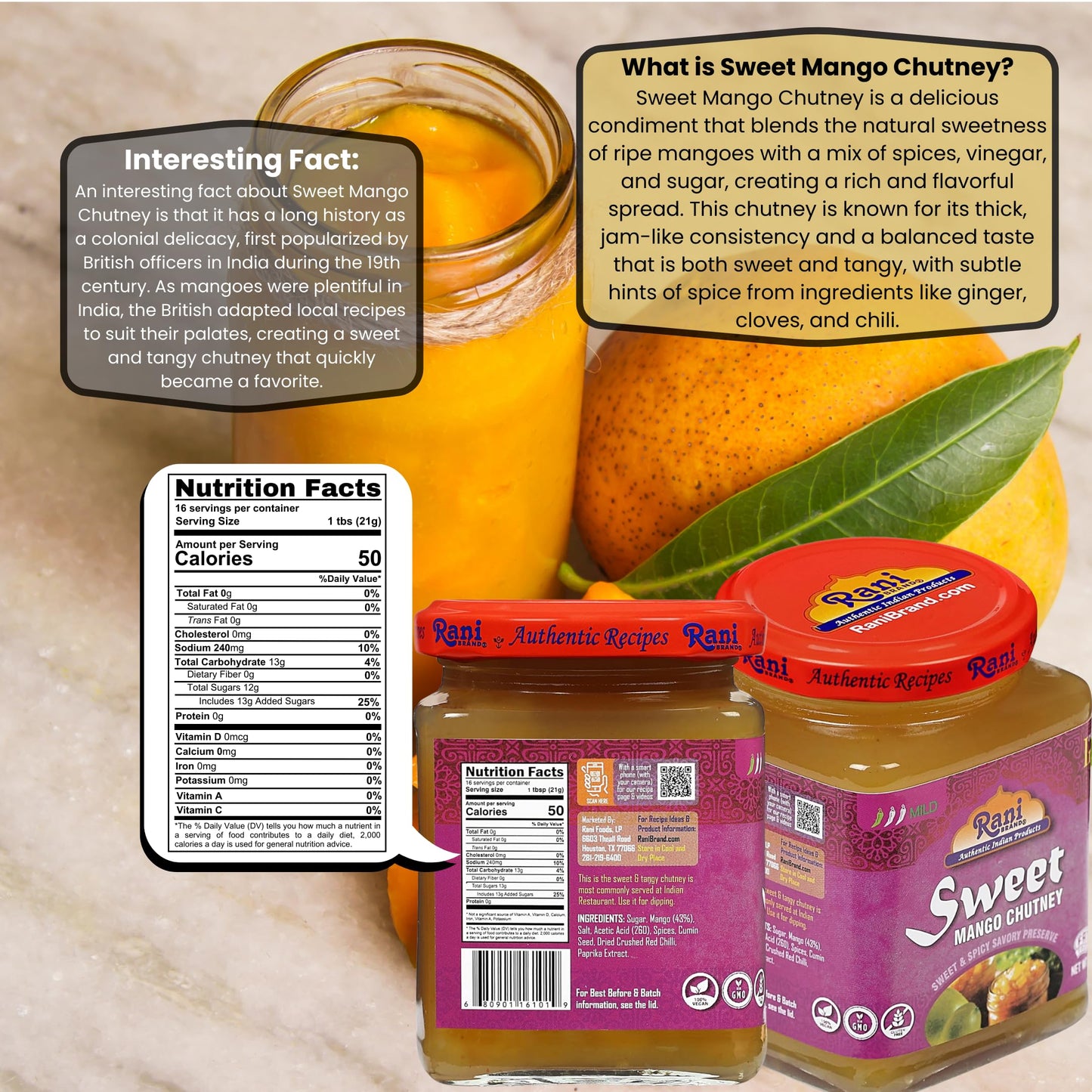 Rani Sweet Mango Chutney (Indian Preserve) 12.3oz (350g) Glass Jar, Ready to eat, Vegan ~ Gluten Free, All Natural, NON-GMO