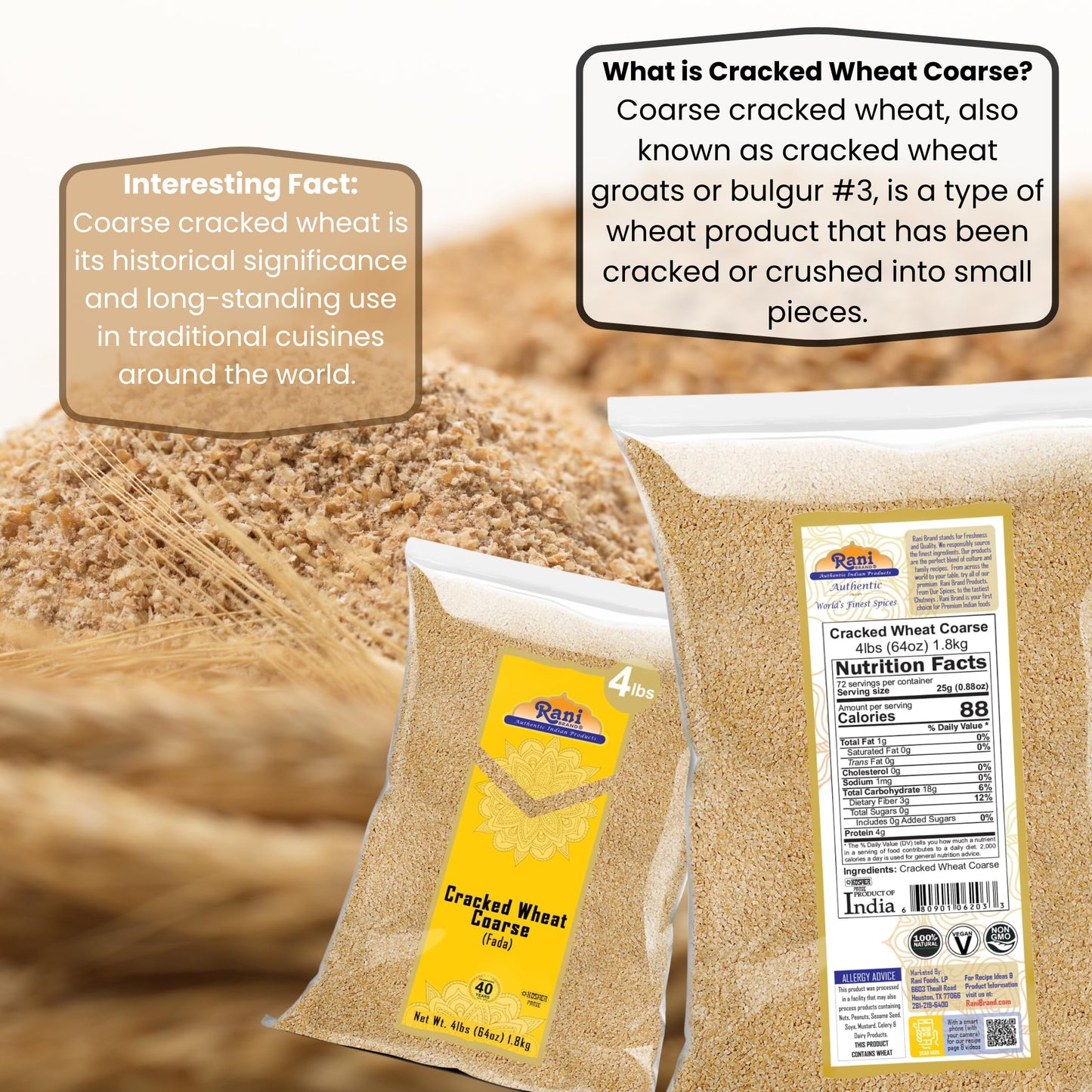Rani Cracked Wheat Coarse (Fada/Bulgur Wheat#3) 64oz (4lbs) 1.81kg Bulk ~ All Natural | Vegan | Gluten Friendly | NON-GMO | Kosher | Indian Origin