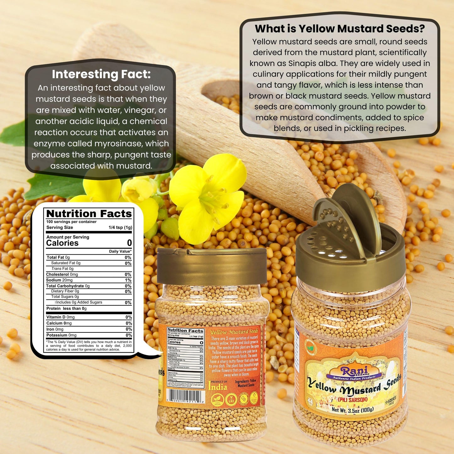 Rani Yellow Mustard Seeds Whole Spice 3.5oz (100g) Jar ~ Ideal for Pickling, Dressing and Making Ground Mustard for Cooking, All Natural | Vegan | Gluten Friendly | NON-GMO | Kosher | Indian Origin