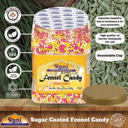 Rani Sugar Coated Fennel Candy 2lbs (32oz) 908g Bulk, PET Jar ~ Indian After Meal Digestive Treat | Vegan | Gluten Friendly | NON-GMO | Indian Origin