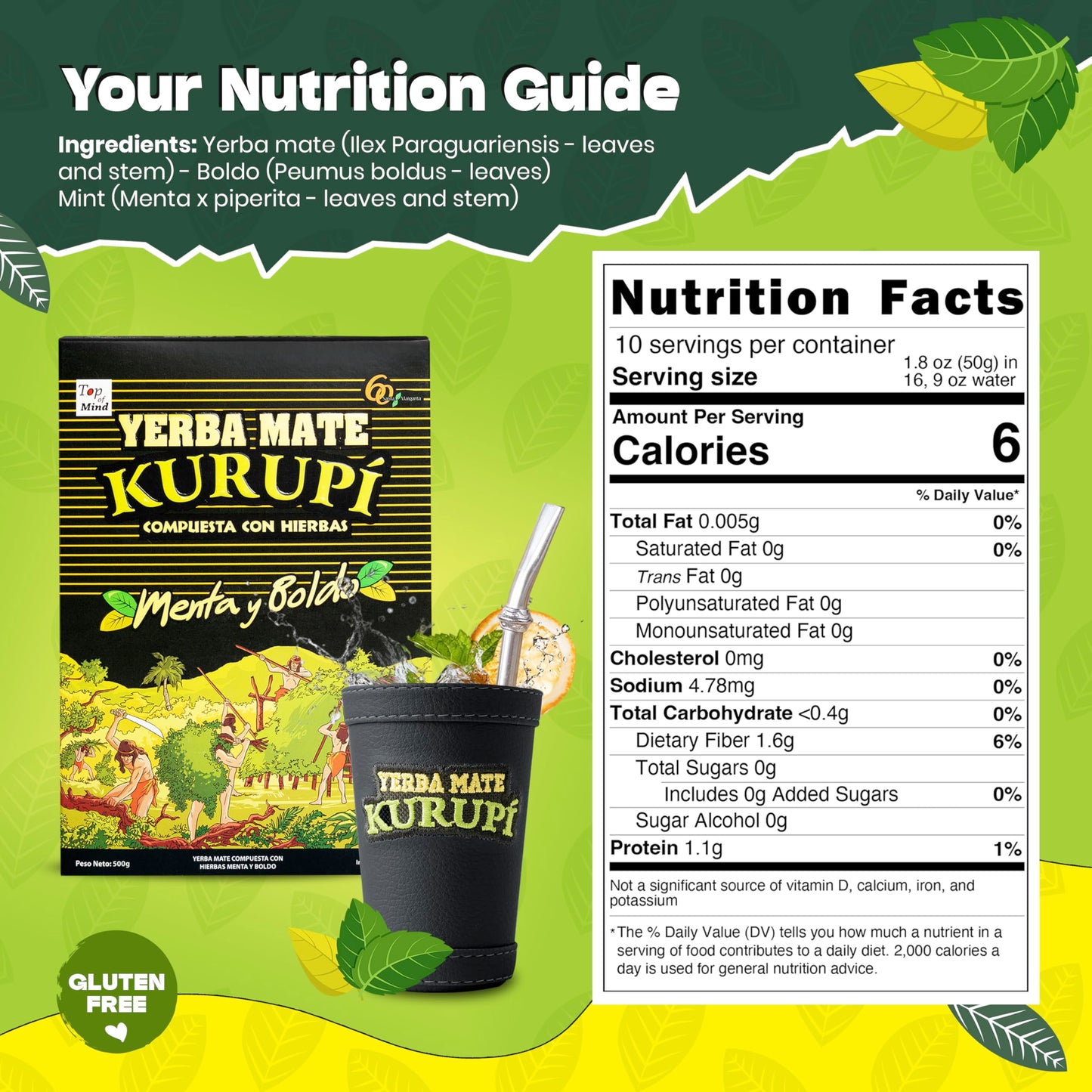 Kurupi Yerba Mate with Mint & Boldo 500 g (1.1 lb) | Paraguayan Herbal Loose Leaf Blend | Refreshing Natural Mate Tea with Mint & Boldo Leaves | Gluten Free