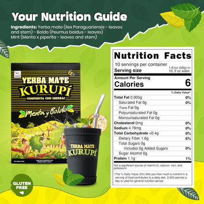 Kurupi Yerba Mate with Mint & Boldo 500 g (1.1 lb) | Paraguayan Herbal Loose Leaf Blend | Refreshing Natural Mate Tea with Mint & Boldo Leaves | Gluten Free