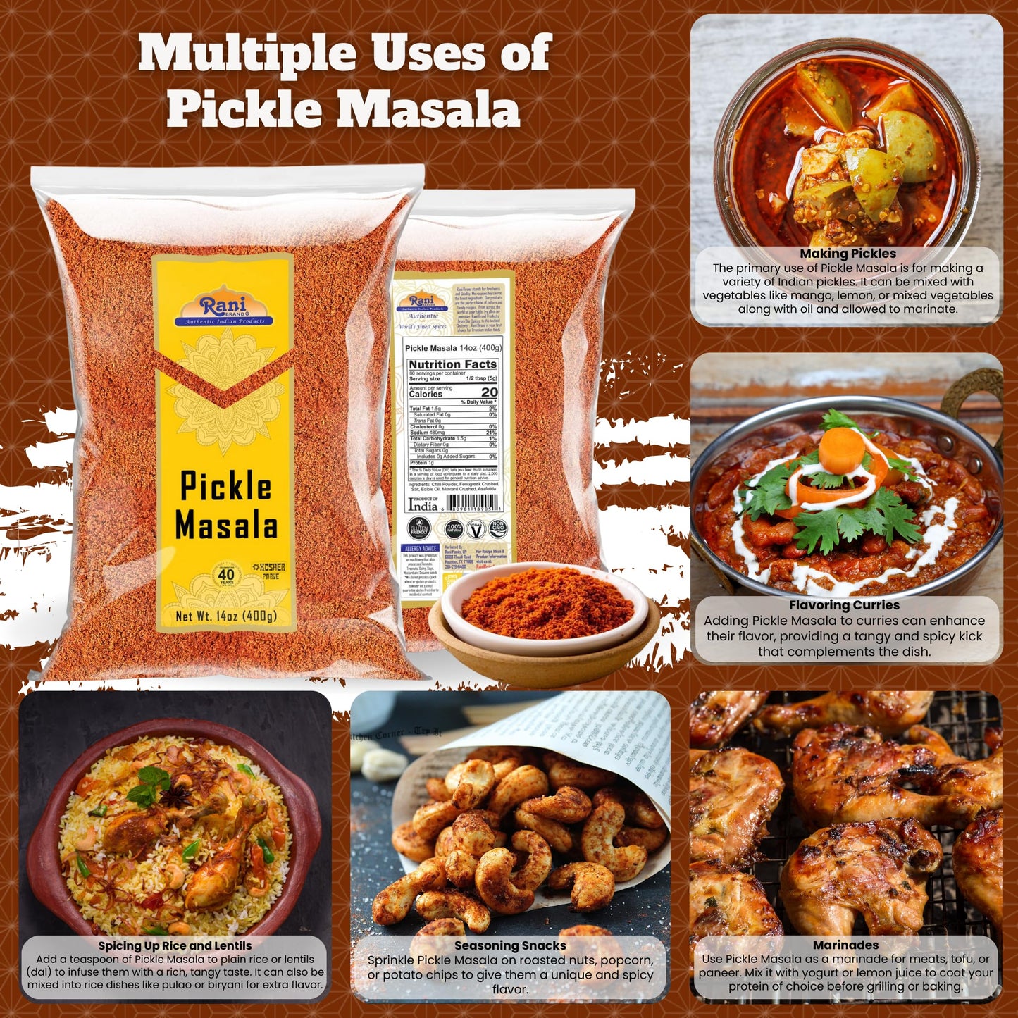 Rani Pickle (Achar) Masala Indian Spice Blend 14oz (400g) ~ All Natural | Vegan | Gluten Friendly | NON-GMO | No colors | Indian Origin