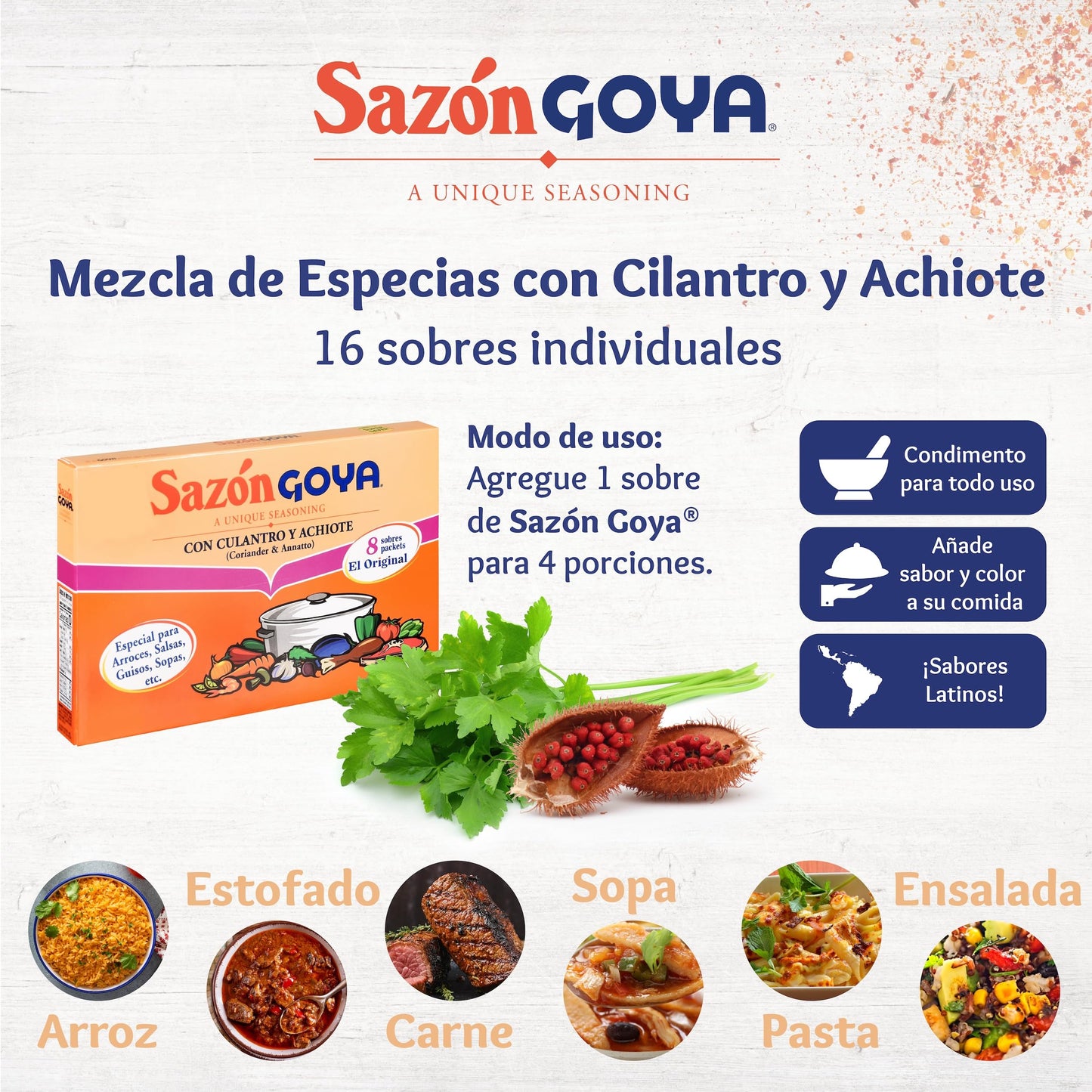 Sazón with Coriander & Annatto by Goya, Latin Spice Blend for Poultry, Seafood, Meat and Vegetables, All Purpose Mexican Seasoning, Pack of 2, 1.41oz Cartons, 8 Packets Each