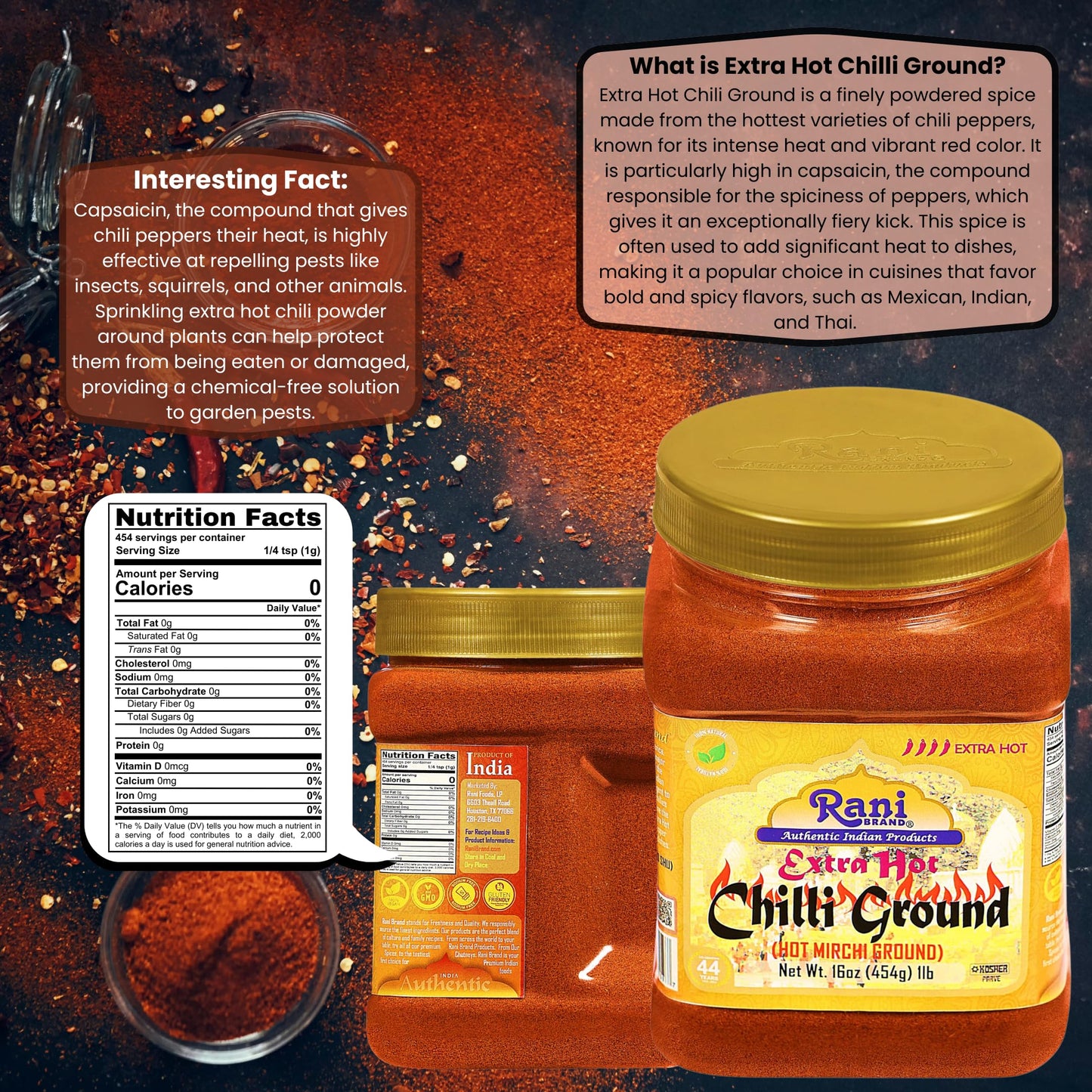 Rani Extra Hot Chilli Powder Indian Spice 16oz (1lb) 454g PET Jar ~ All Natural | Salt-Free | Vegan | No Colors | Gluten Friendly | NON-GMO | Kosher | Indian Origin