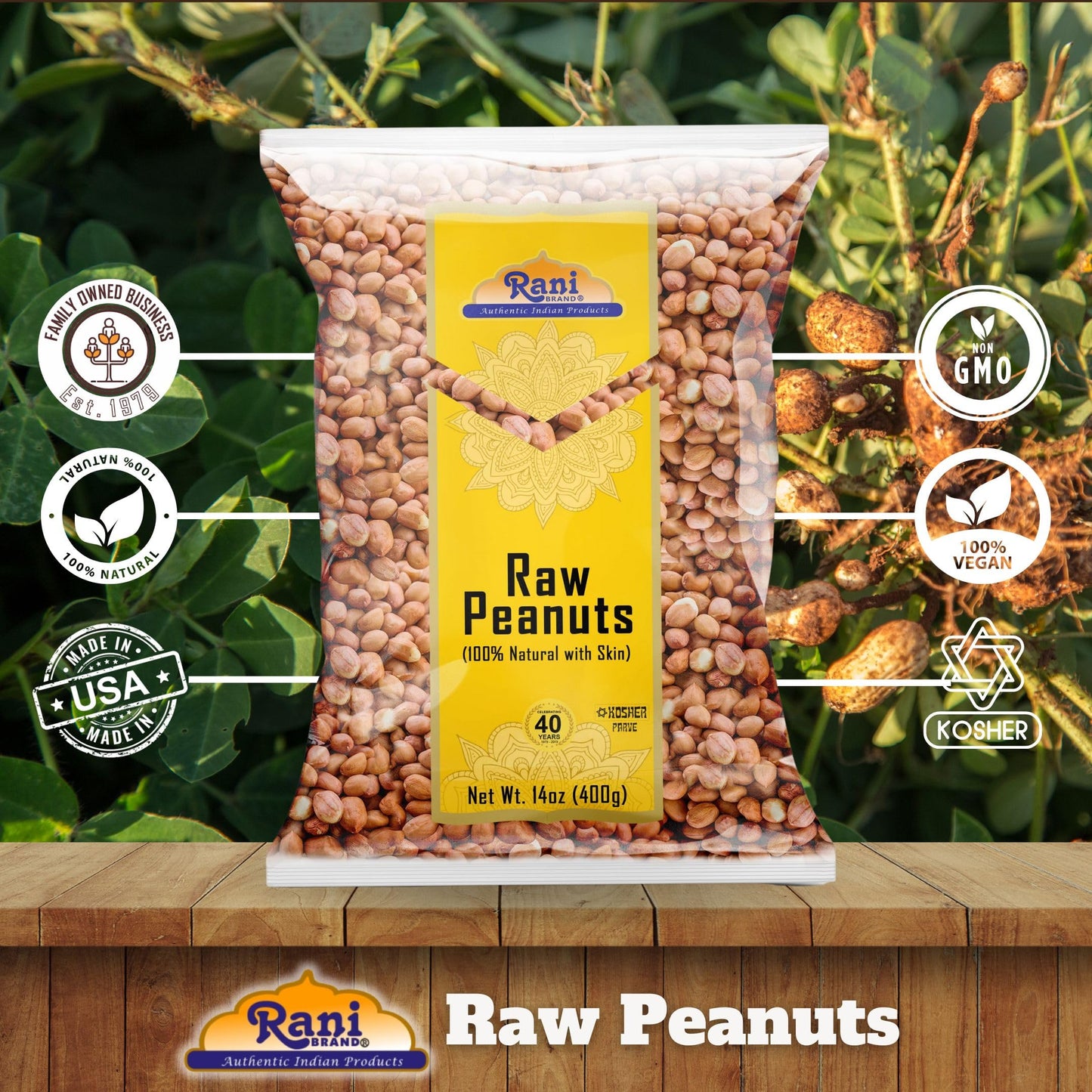 Rani Peanuts, Raw Whole With Skin (uncooked, unsalted) 14oz (400g) ~ All Natural | Vegan | Kosher | Gluten Friendly | Fresh Product of USA ~ Spanish Grade Groundnut/Red-skin