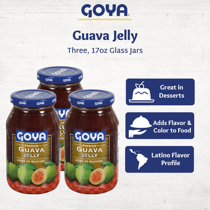 Guava Puree Jelly by Goya, Guava Jelly Spread for Breakfast Pastries, Mermelada De Guayaba, Guava Concentrate Jam, Latin Cooking and Baking Kitchen Staple, 3-Pack, 17 oz Jars