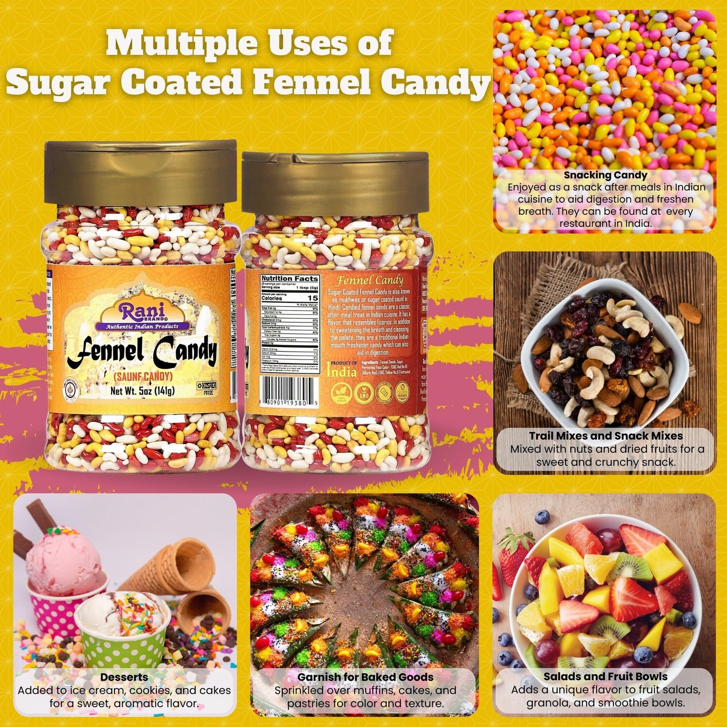 Rani Sugar Coated Fennel Candy 5oz (141g) PET Jar ~ Indian After Meal Digestive Treat | Vegan | Gluten Friendly | NON-GMO | Indian Origin