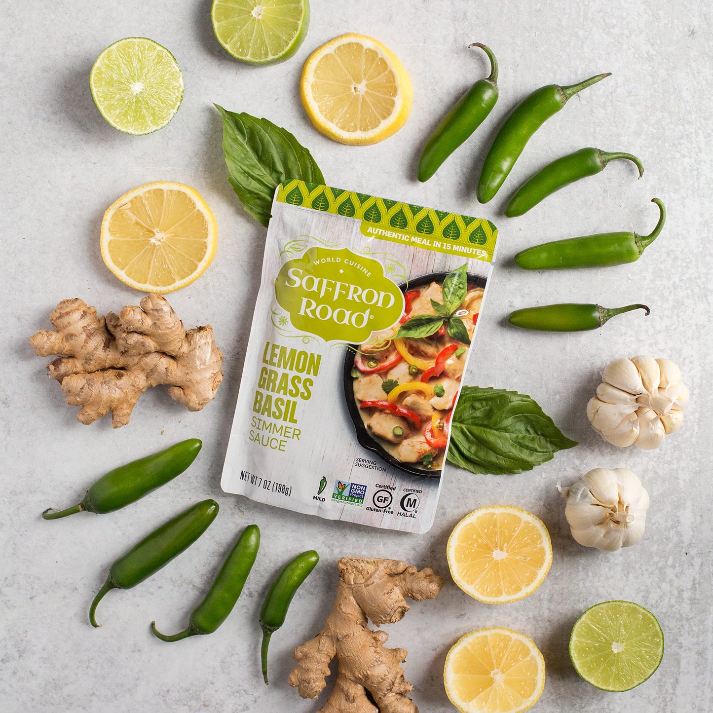 Saffron Road Lemongrass Basil Simmer Sauce | Globally Inspired Simmer Sauce | Gluten-free, Vegan, Non-GMO, and Certified Halal and Kosher | 7.0oz Pouch | Pack of 8