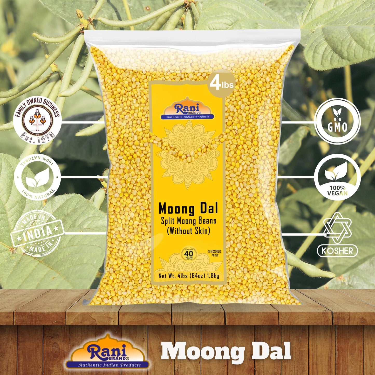 Rani Moong Dal (Split Mung Beans Without Skin) Lentils Indian 64oz (4lbs) 1.81kg Bulk ~ All Natural | Gluten Friendly | Non-GMO | Kosher | Vegan | Indian Origin