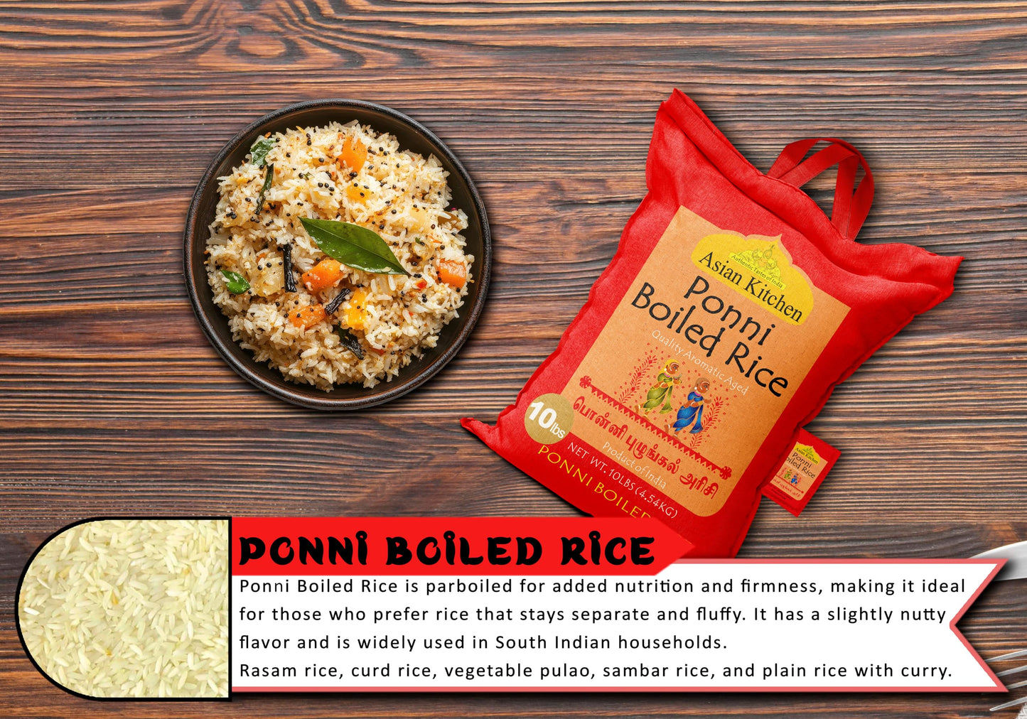 Asian Kitchen Ponni Boiled Rice 10-Pound Bag, 10lbs (4.54kg) Short Grain Par Boiled Rice ~ All Natural | Gluten Friendly | Vegan | Kosher | Indian Origin | Export Quality