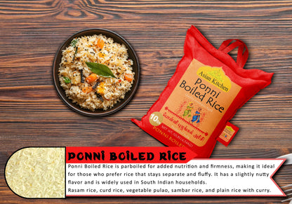 Asian Kitchen Ponni Boiled Rice 10-Pound Bag, 10lbs (4.54kg) Short Grain Par Boiled Rice ~ All Natural | Gluten Friendly | Vegan | Kosher | Indian Origin | Export Quality