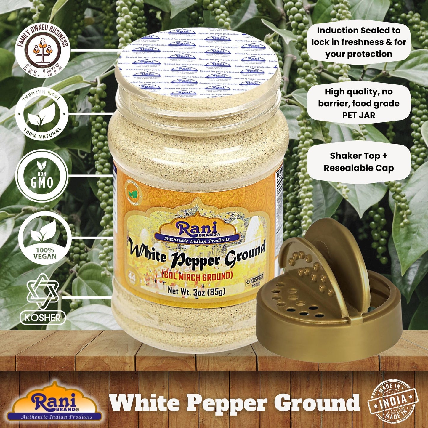 Rani White Pepper (GOL Mirch), Ground Spice 3oz (85g) PET Jar ~ All Natural | Vegan | Gluten Friendly | Non-GMO | Kosher | Indian Origin