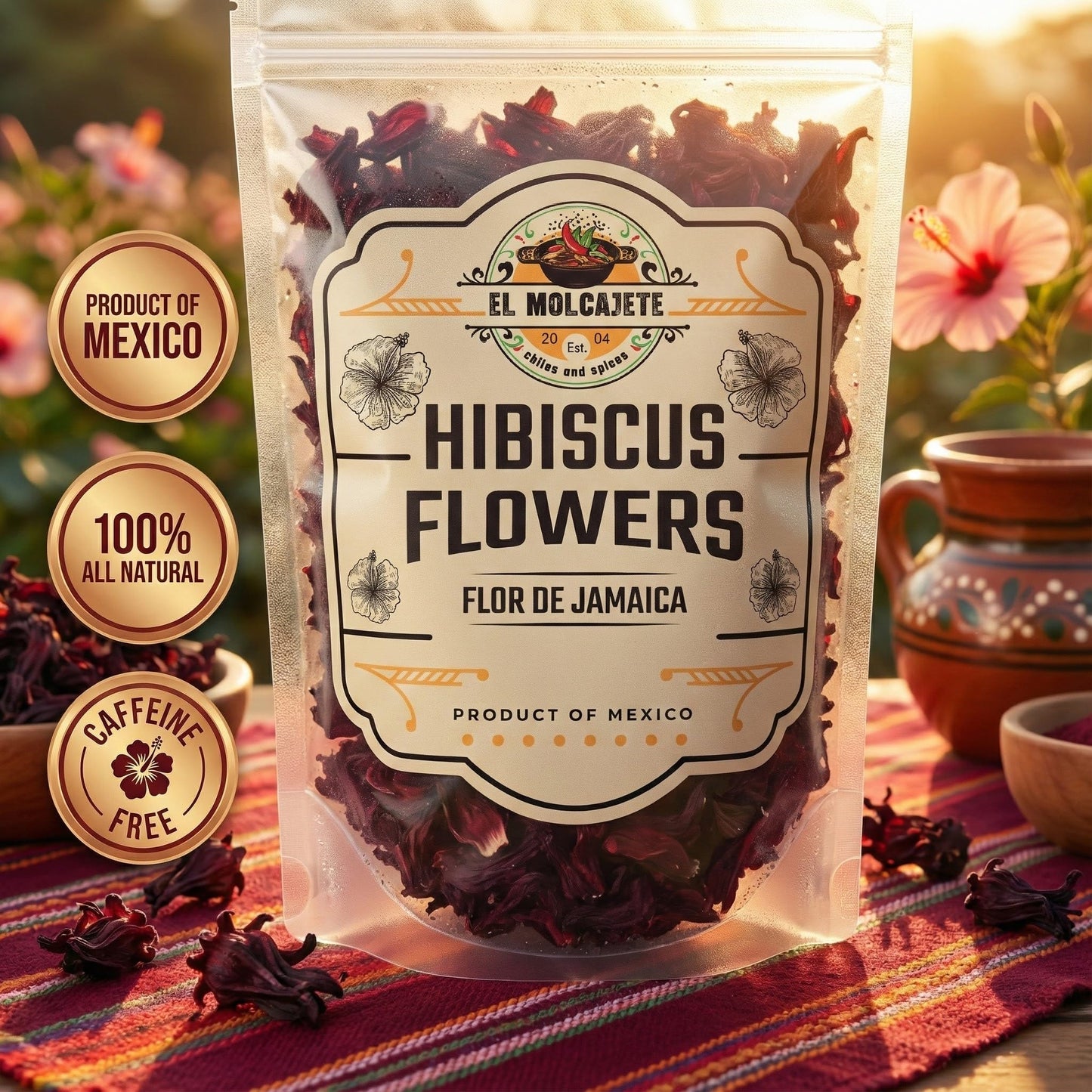 Hibiscus Flowers 4oz – All-Natural & Triple Cleaned for Vibrant Flavor. Whole Soft Flor de Jamaica Petals, Use for Refreshing Hot or Iced Tea, Agua Fresca & More. By El Molcajete