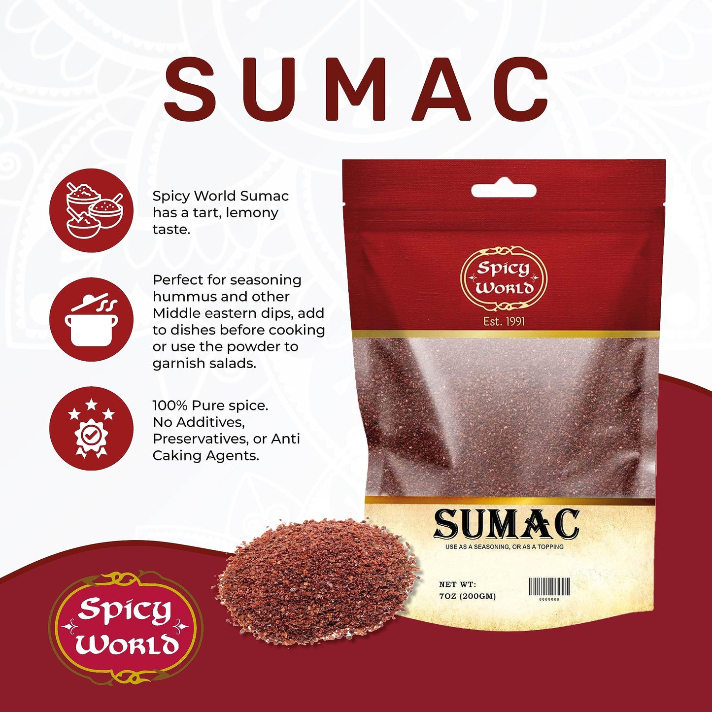 Spicy World Sumac Spice Powder 7 Ounce Bag - Ground Sumac, Sumac Seasoning (Sumak)