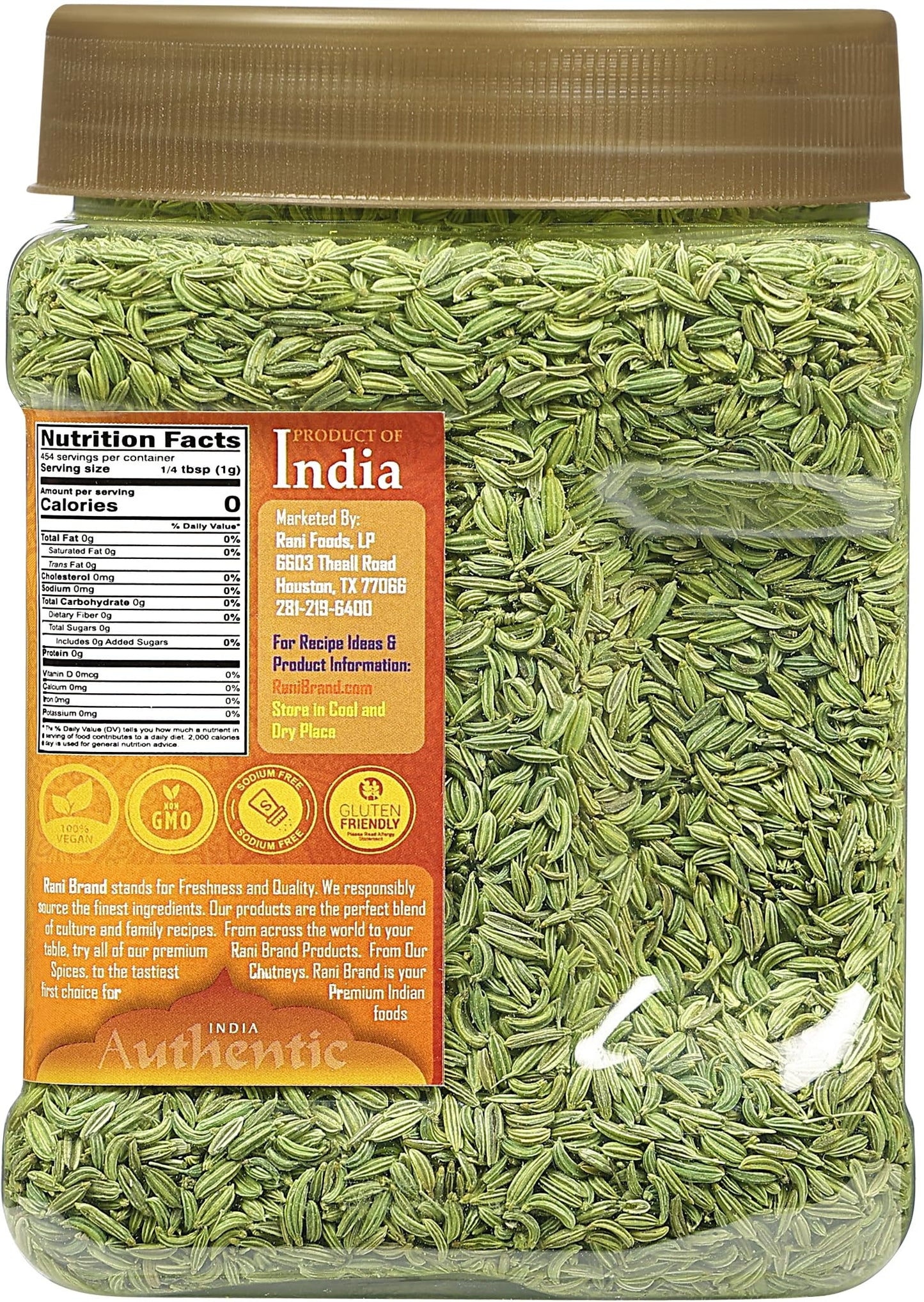 Rani Fennel Seeds (Saunf Sabut) Whole Spice 16oz (1lb) 454g PET Jar ~ All Natural | Gluten Friendly | NON-GMO | Kosher | Vegan | Indian Origin