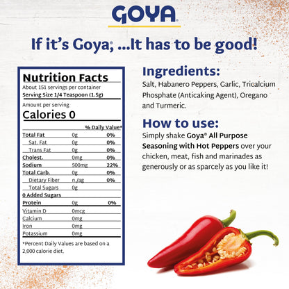Adobo Hot All Purpose Spice by Goya, Poultry, Seafood, Meat, and Vegetable Seasoning, Latin Spicy Blend, Mexican Seasoning, Pack of 2, 8oz. Bottle