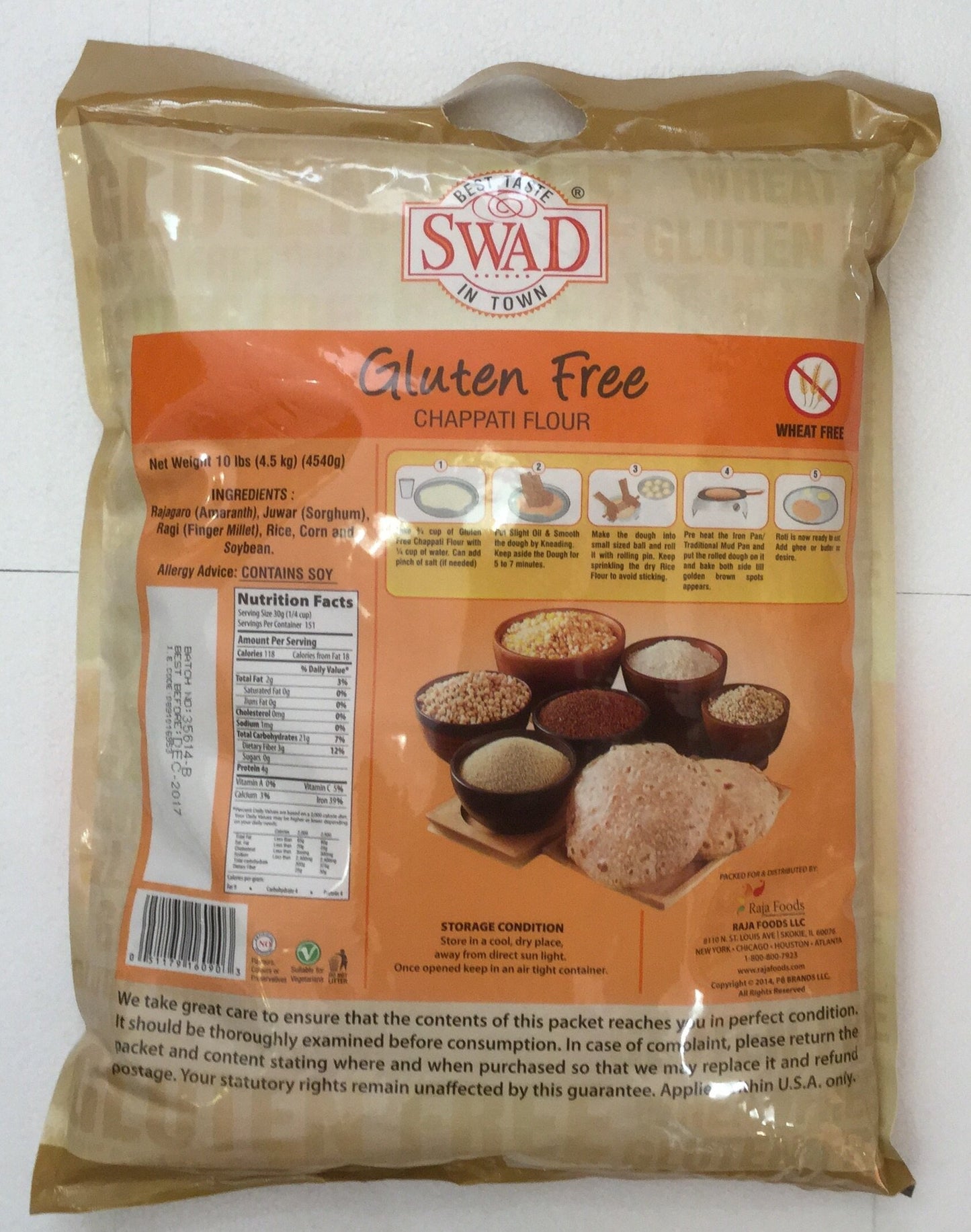 Swad Gluten Free, Wheat Free Multi-Grain Flour - 10lb., 4.5kg, Light Brown
