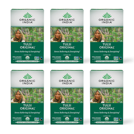 ORGANIC INDIA Tulsi Original Herbal Tea - Holy Basil and African Basil Calming and Stress Relief Tea, Immune Support, USDA Certified Organic, Non-GMO, Caffeine-Free - 18 Infusion Bags, 6 Pack