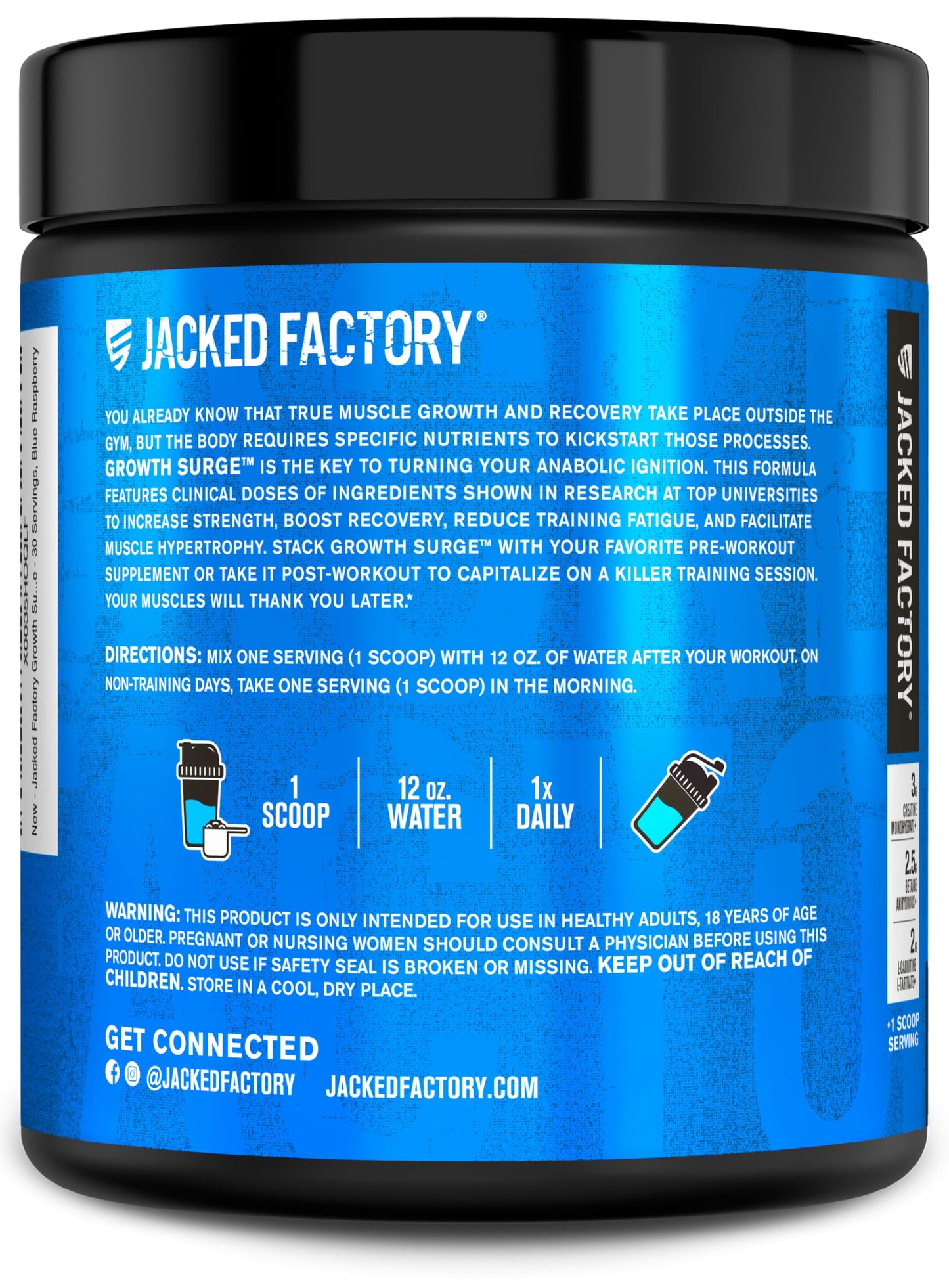 Jacked Factory Growth Surge Creatine Post Workout w/L-Carnitine - Daily Muscle Builder & Recovery Supplement with Creatine Monohydrate, Betaine, L-Carnitine L-Tartrate - 30 Servings, Blue Raspberry