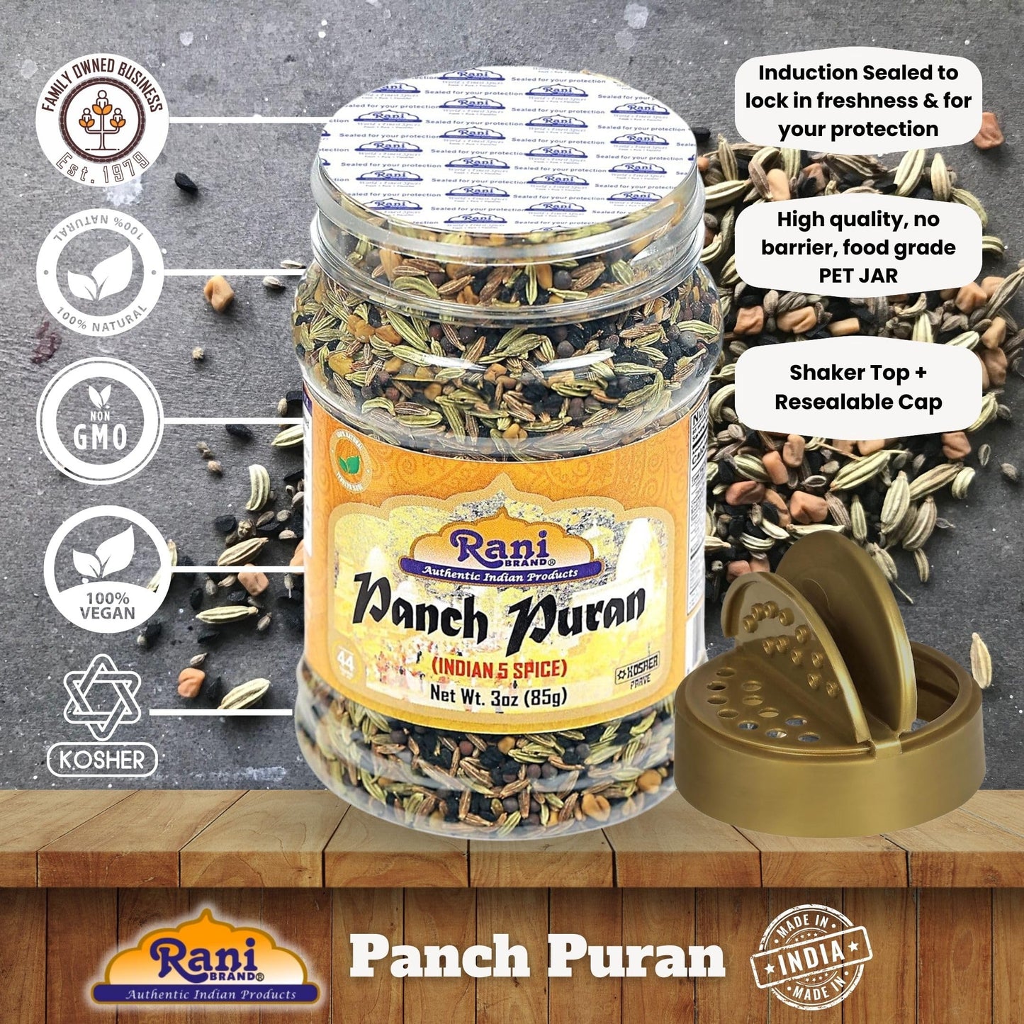 Rani Panch Puran (5 Spice) 3oz (85g) PET Jar ~ All Natural | Vegan | Gluten Friendly | NON-GMO | Kosher | Indian Origin (Equal Blend of Fenugreek, Mustard, Kallonji, Fennel and Cumin)