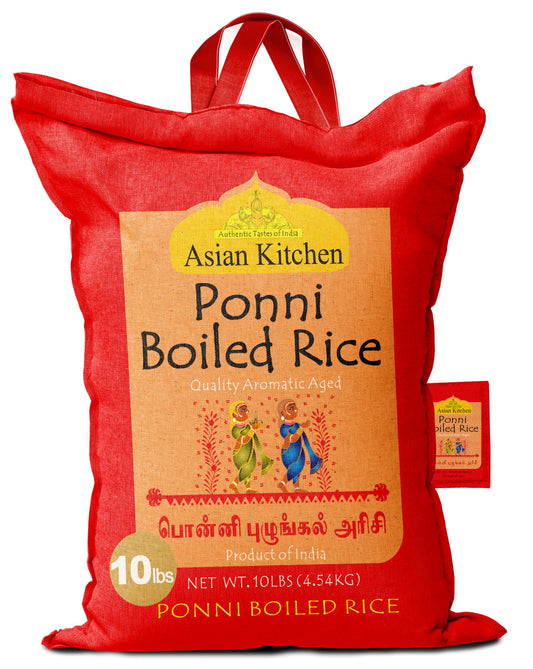 Asian Kitchen Ponni Boiled Rice 10-Pound Bag, 10lbs (4.54kg) Short Grain Par Boiled Rice ~ All Natural | Gluten Friendly | Vegan | Kosher | Indian Origin | Export Quality
