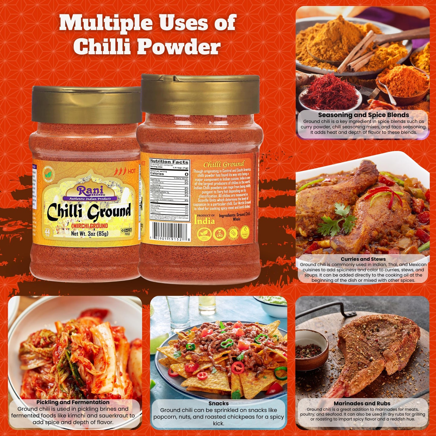 Rani Chilli Powder (Mirchi) Ground Indian Spice 3oz (85g) PET Jar ~ All Natural | Salt-Free | Vegan | No Colors | Gluten Friendly | NON-GMO | Kosher | Indian Origin