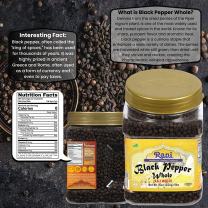 Rani Black Pepper Whole (Peppercorns), Premium MG-1 Grade 16oz (1lb) 454g Bulk PET Jar ~ All Natural | Gluten Friendly | Non-GMO | Kosher | Product of Vietnam | Perfect size for Grinders!