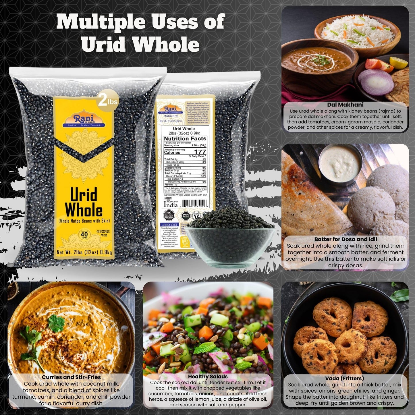 Rani Urid/Urad Whole Black (Matpe Beans with Skin) Indian Lentils 32oz (2lbs) 908g ~ All Natural | Gluten Friendly | Non-GMO | Kosher | Vegan | Indian Origin