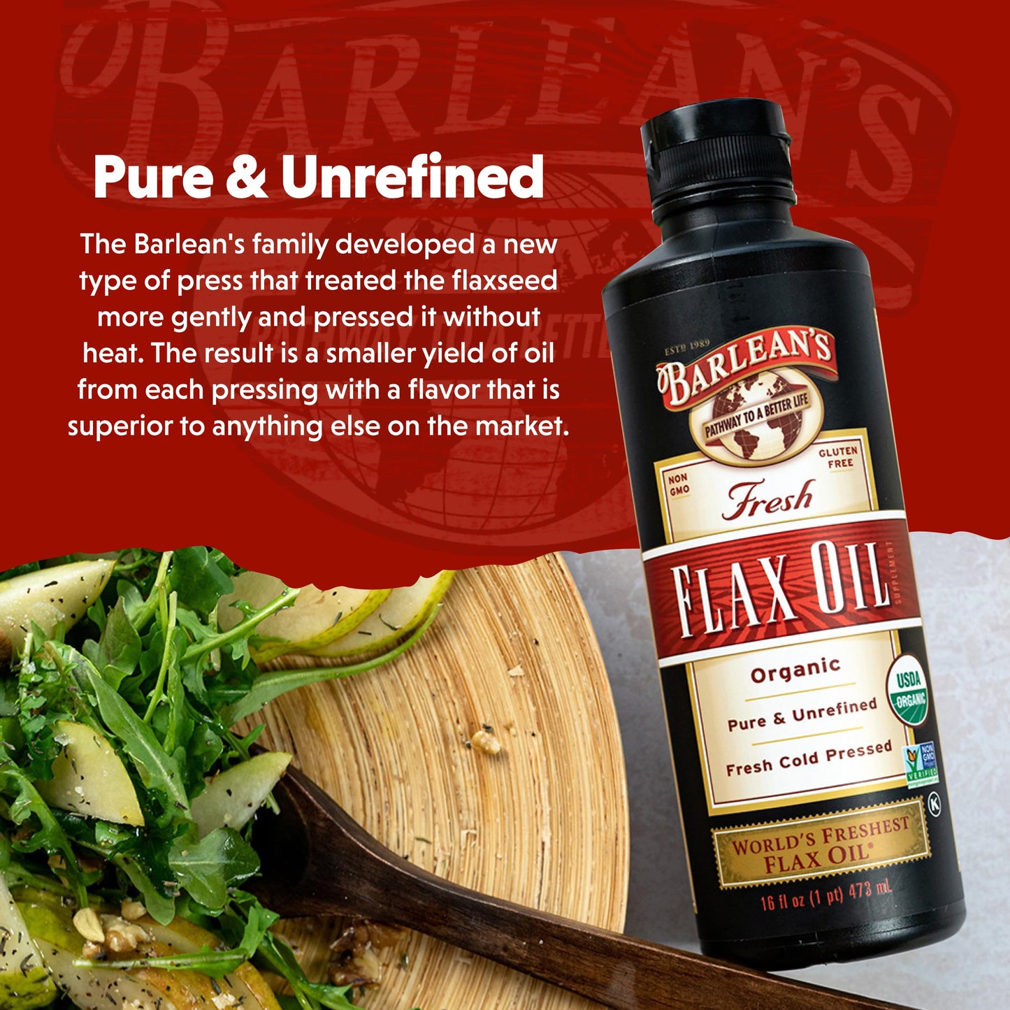 Barlean's Organic Flaxseed Oil Liquid from Fresh Cold Pressed Flax Seeds, 7,640mg ALA Omega 3 Fatty Acid Supplement for Skin and Hair Care, Vegan & Gluten Free, 8 oz
